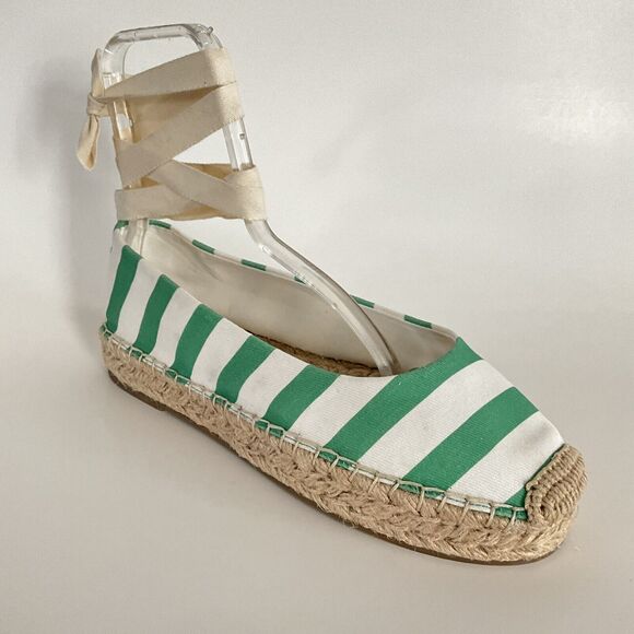 Draper James Platform Women 10M Green White Awning Stripe Tie Ankle Espadrille - Picture 10 of 12